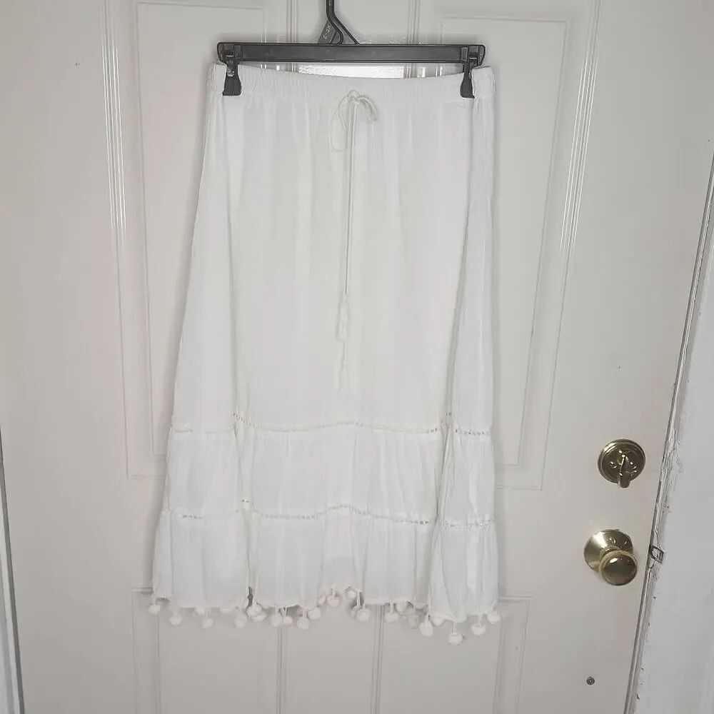 Vintage Gunit fashion white boho chic skirt with pom pom trim women's size M